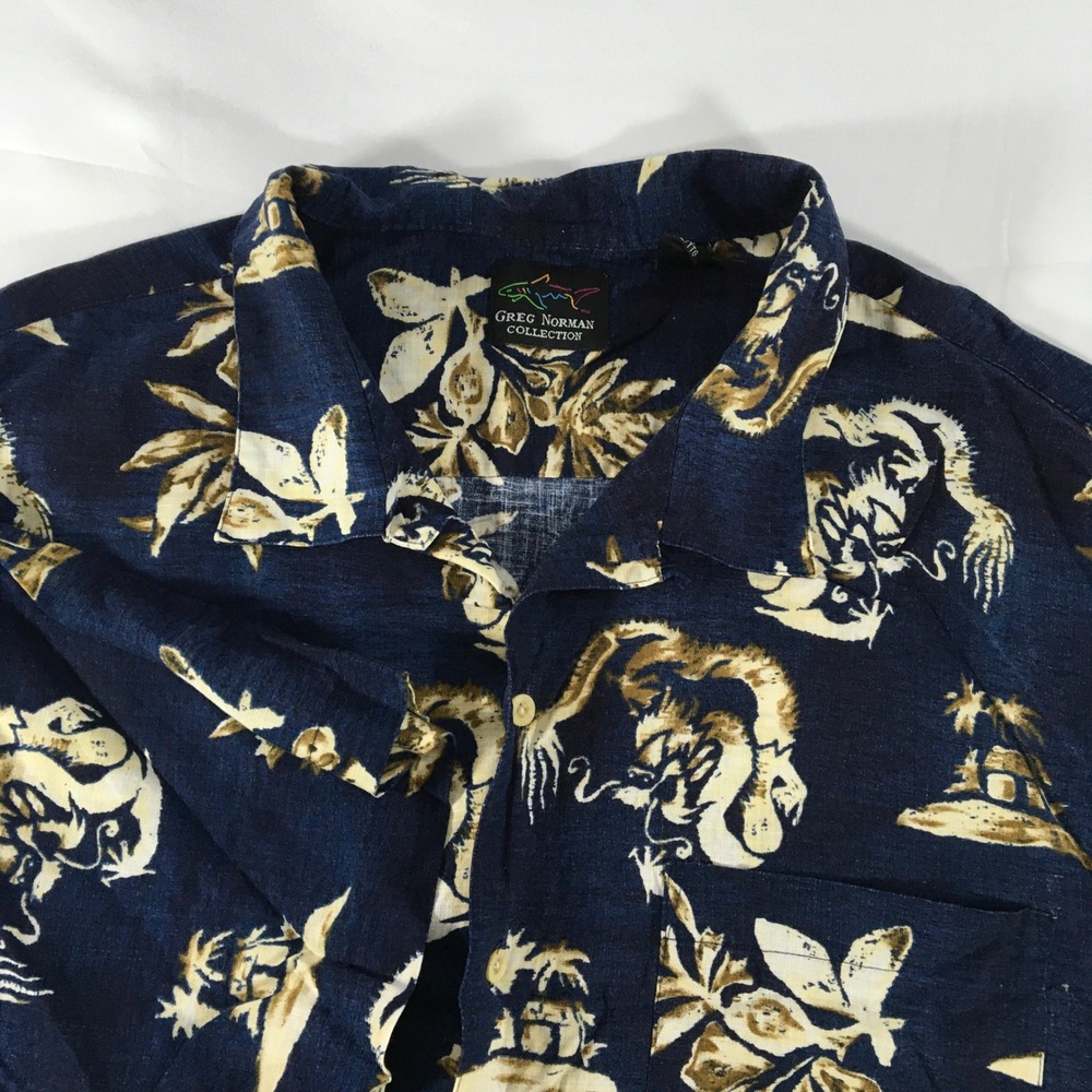 Greg Norman Collection Hawaiian Shirt Dragon Print Linen Rayon XXL‎